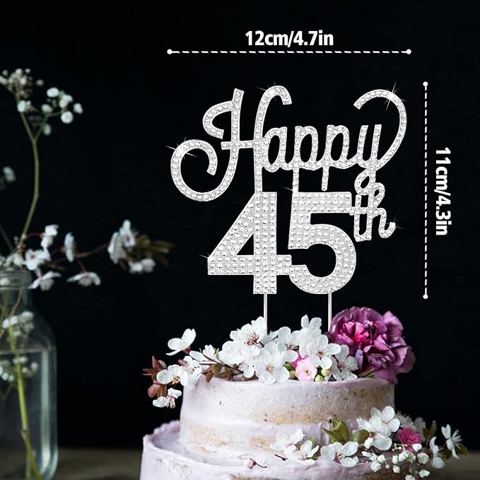 LINGTEER Happy 45th Birthday Silver Rhinestone Cake Topper - Cheers to 45th Birthday 45 Years Old Anniversary Party Cake Centerpieces Topper Decorations Gift Sign.
