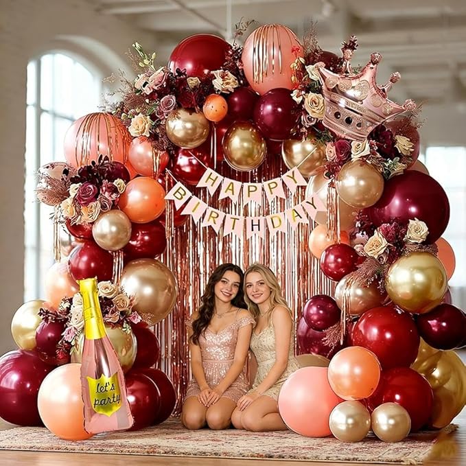 Burgundy Birthday Decorations, Double Stuffed Dark Red Pink Gold Pearl Balloons Happy Birthday Banner Fringe Curtain Foil Balloons for Women Girls Birthday Mother's Day Bridal Shower Party Supplies