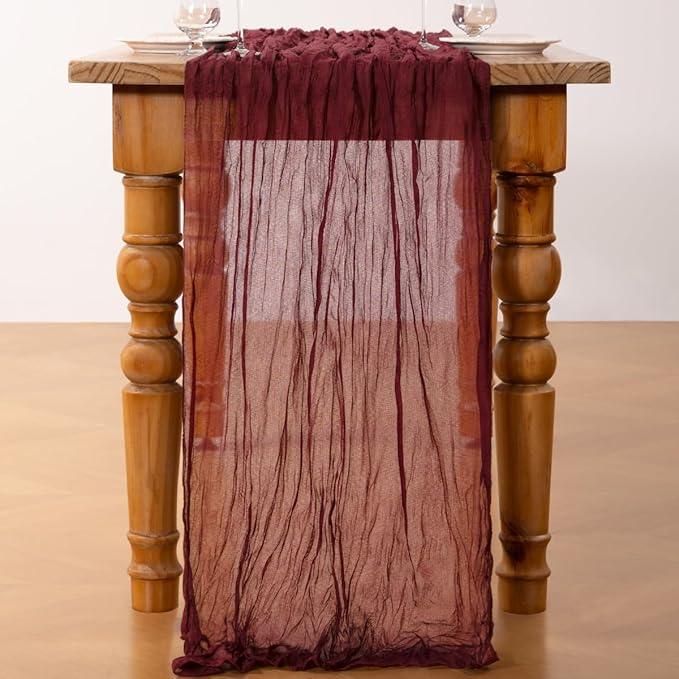 DeZerlor Burgundy Red Cheesecloth Table Runner 10 Pack Spring Easter Table Runners Boho Gauze 120 Inches Cheese Cloth Table Decor for Wedding Bridal Baby Shower Parties