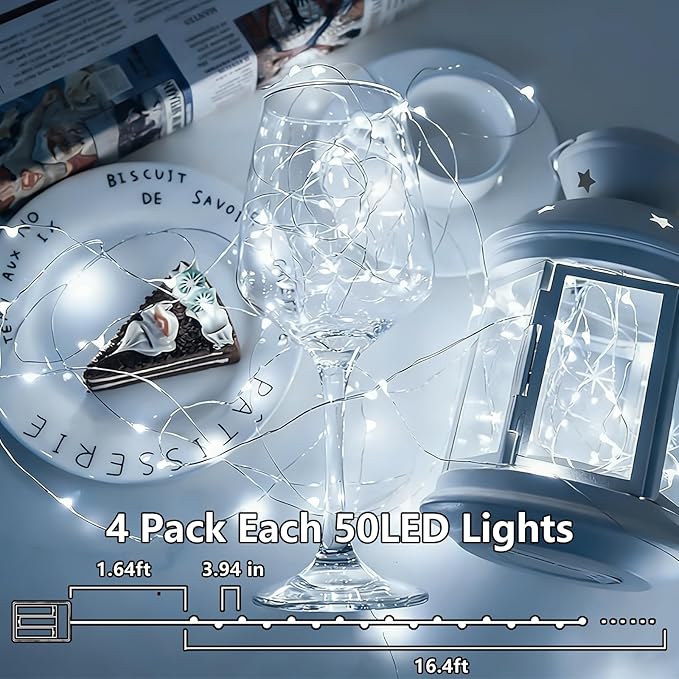 YEGUO Fairy Lights Battery Operated, 4 Packs Each 16ft 50 LED String Lights, Christmas Lights Indoor for Bedroom Wedding Party Holiday Gift(White)