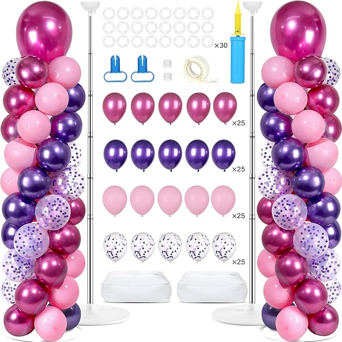 2 Sets Pink and Purple Balloon Column Stand Kit with 102 Balloons Adjustable Balloon Tower Stand with Bases for Floor Confetti Balloons Column Kit for Graduation Birthday Appreciation Party Decor