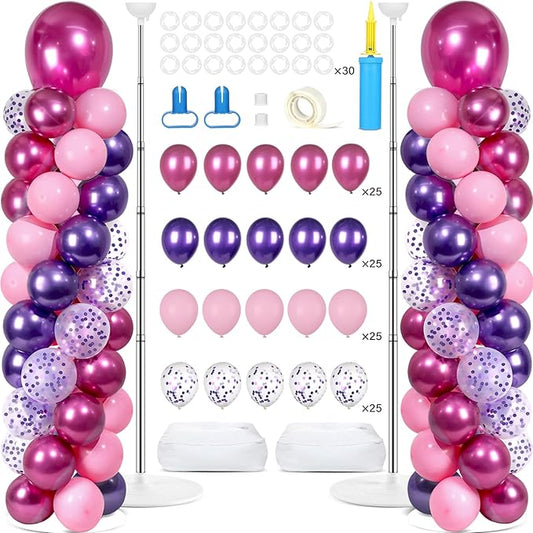 2 Sets Pink and Purple Balloon Column Stand Kit with 102 Balloons Adjustable Balloon Tower Stand with Bases for Floor Confetti Balloons Column Kit for Graduation Birthday Appreciation Party Decor