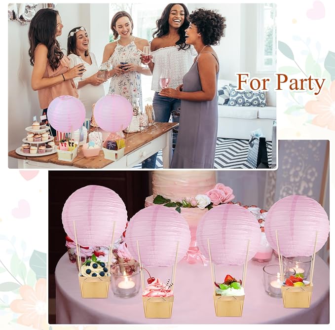 Namalu 24 Set Hot Air Balloon Table Centerpieces Baby Shower Party Decoration Paper Lanterns with Wooden Basket Sticks for Summer Birthday School DIY Craft(Light Pink)