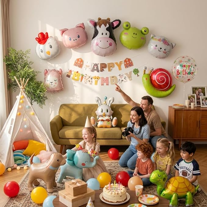 48 PCS Happy Birthday Farm Animals Foil Balloon Decorations Kit for Kids Birthday, Farm Theme Cow Chicken Pig Sheep All-In-One Party Supplies with Birthday Banner for Boys Girls Kids