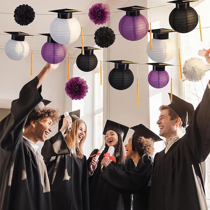 Gilprop 15 Pcs Black and Purple Graduation Decoration 2026 Paper Lanterns Graduation Party Decorations Hanging Round Paper Lanterns with Black Grad Hat Tassel for Congratulation Grad Decorations