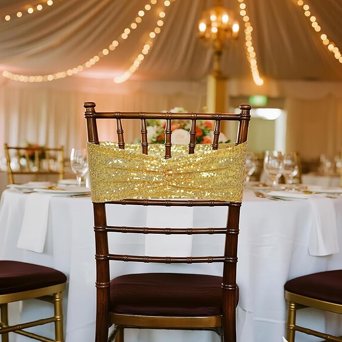 Poise3EHome Gold Sequin Chair Sashes Folding Chair Covers Bow for Party Wedding Reception Decorations, 50 PCS