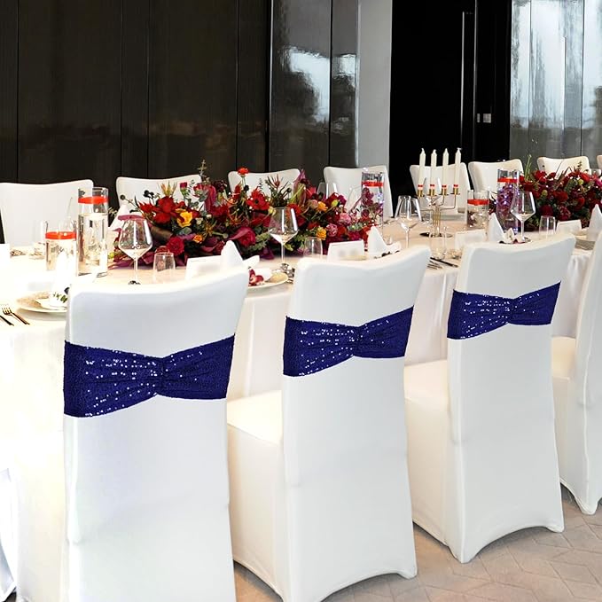 Poise3EHome Sequin Chair Sashes Navy Blue Folding Chair Covers Bow for Wedding Party Reception Decorations, 100 PCS