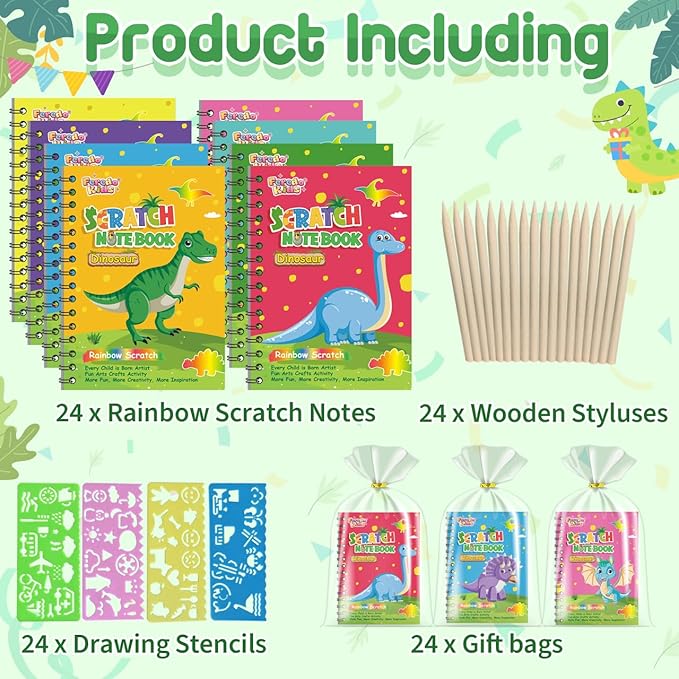 Scratch Art Party Favors for Kids 8-12: 24 Pack Dinosaur Rainbow Scratch Art Notebook, Easter Basket Stuffers, Coloring Books Goodie Bags Stuffers, Classroom Birthday Gifts for Student