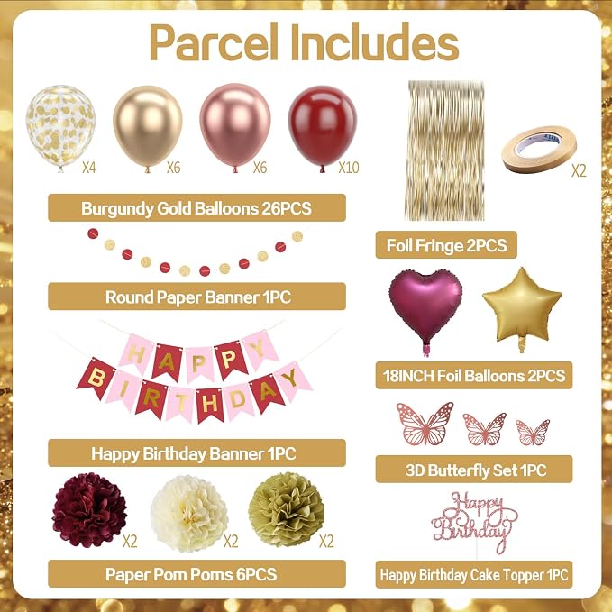 Burgundy Rose Gold Birthday Party Decorations 12INCH Wine Red Maroon Gold Balloons Happy Birthday Banner Cake Topper Fringe Curtain Paper Pom Poms Butterfly Sticker 18INCH Heart Star Foil Girls Women