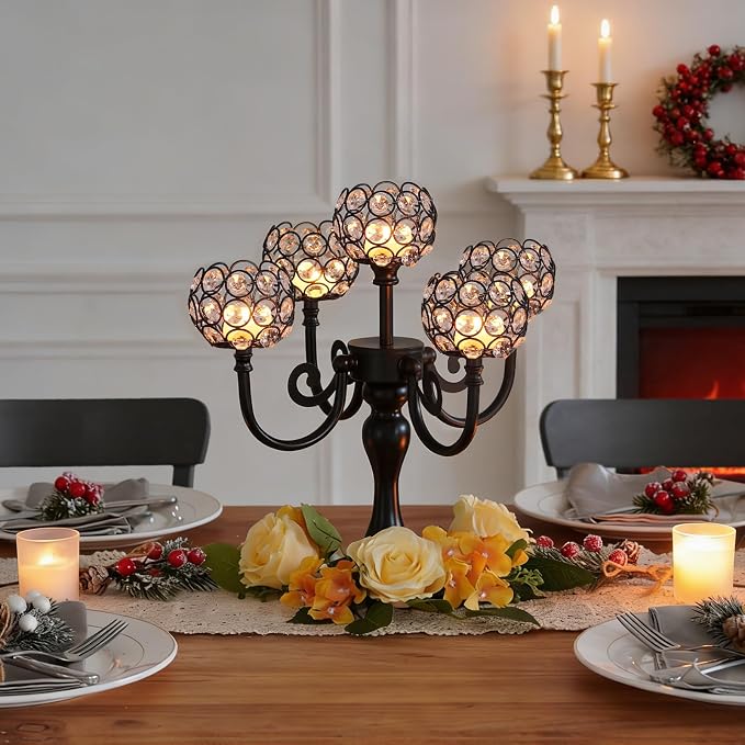 5 Arm Metal Crystal Candelabra Centerpiece - 13.4 Inch Elegant Candle Holder with Crystal Beads for Wedding Party Christmas Home Dining Table Decoration (1, Black)