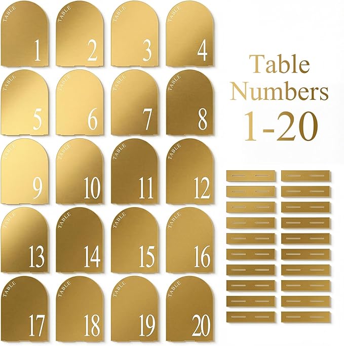 AceOrbit Gold Wedding Table Numbers 1-20 with Stands 5" x 7" Gold Acrylic Wedding Signs with Holder Mirrored Arch Numbered Signage Double Sided Tabletop Reception Sign for Anniversary, Event Decor