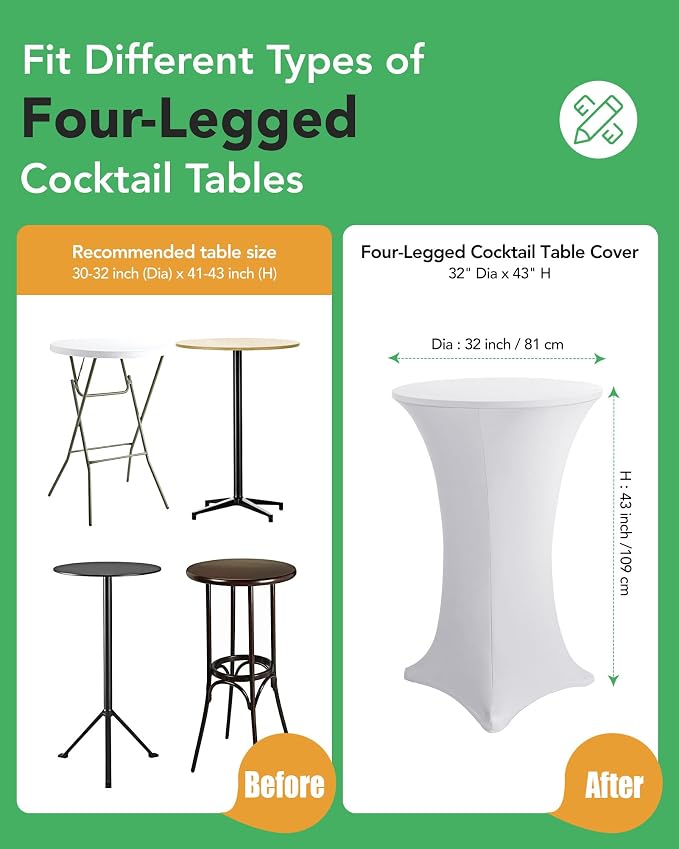 KeyWave Cocktail High Top Table Covers - 32x43 Inch Fitted Spandex Round Cocktail Tablecloth for Bar Height Standing Table Cloths Reusable, for Party Wedding Banquet Event Decorations, White, 8 Pack