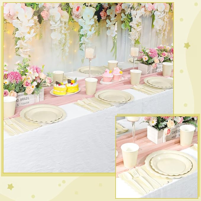 25 Set Party Plates and Cups and Napkins Ivory Scalloped Dinnerware | 175 Pcs Beige Party Supplies Include 9" Cream Plates, 7" Dessert Plates, 6.5 Inch Napkins for Wedding, Bridal&Baby Shower