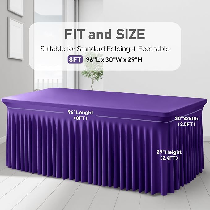 2 Packs Purple Table Clothes for 8 Foot Rectangle Tables, One-Piece Wrinkle Resistant Stretch Spandex Table Covers with Skirt for Event Banquet Wedding Birthday Party