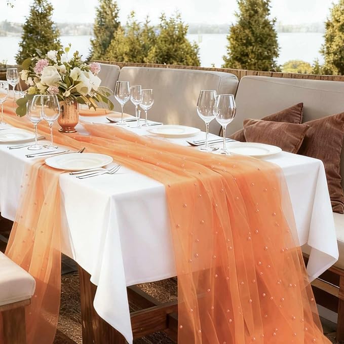 WELTRXE Pearl Table Runner Tulle 10ft, Boho Rustic Lace Table Runner 30x120 Inch for Wedding Decor Birthday Party Dining Table Cover, Orange