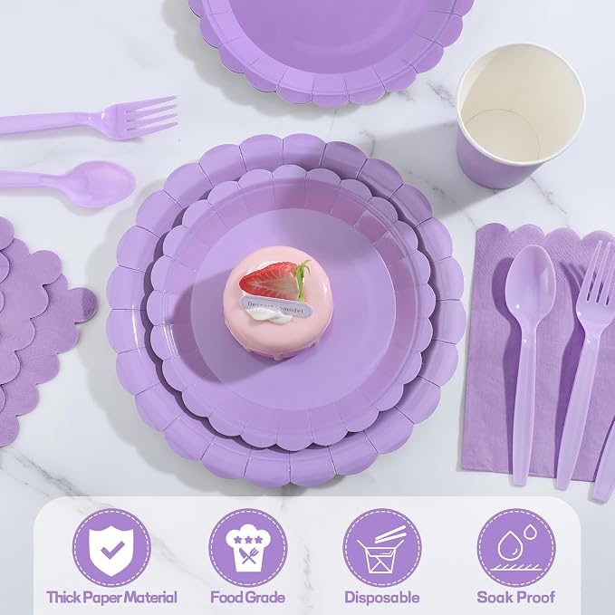 350 Pcs Lavender Paper Plates and Napkins, Light Purple Party Decorations Include Light Purple Scalloped Plate Napkins Cups Plastic Spoon Fork Knive for Girls Birthday, Baby Shower, Wedding