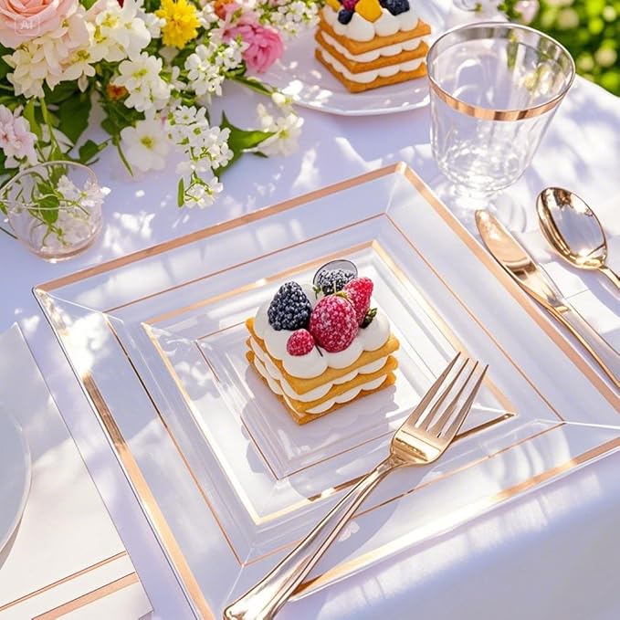 Festiva 350Pcs Rose Gold Plastic Plates - Clear Rose Gold Disposable Dinnerware Sets for 50Guests include 100 Plates 50 Cups 50Plastic Cutlery 50Napkins for Party&Wedding& Bridal Shower