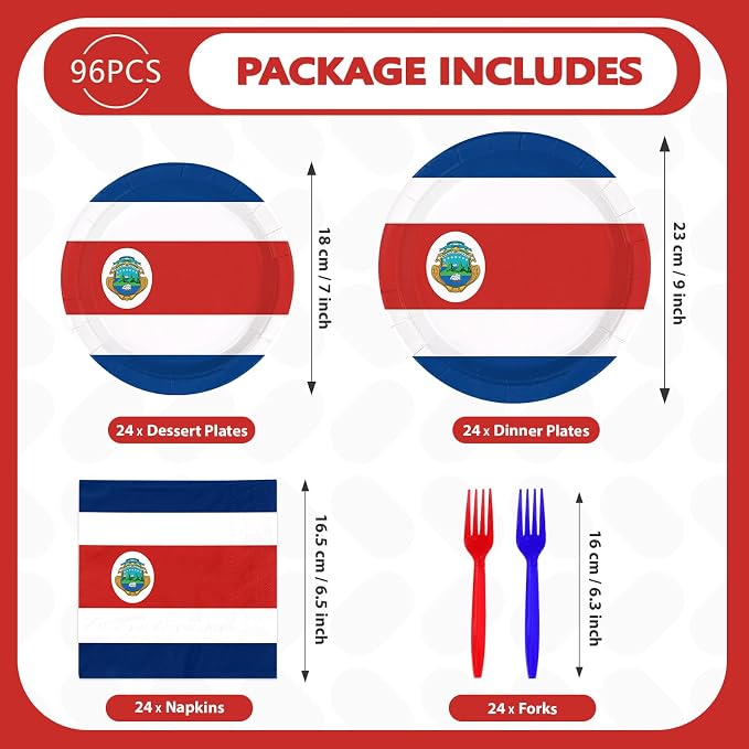 96Pcs Costa Rica Flag Party Supplies Costa Rica Theme Plates and Napkins National Flag Disposable Paper Tableware Set for Sports Event School Party Patriotic Festival Decoration Serves 24