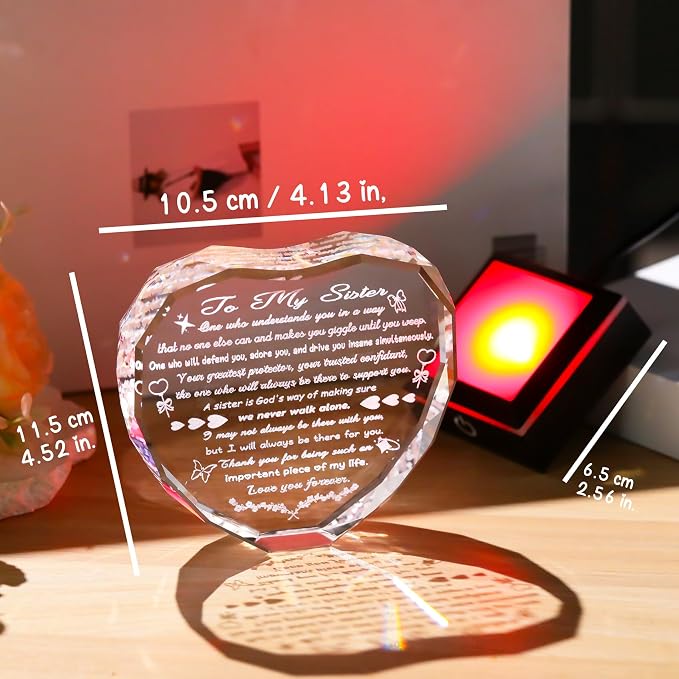 Arikyrist Birthday Gifts for Sister Crystal Heart Keepsake with LED Light Base Sister Gifts from Sisters Brother on Christmas Graduation Wedding