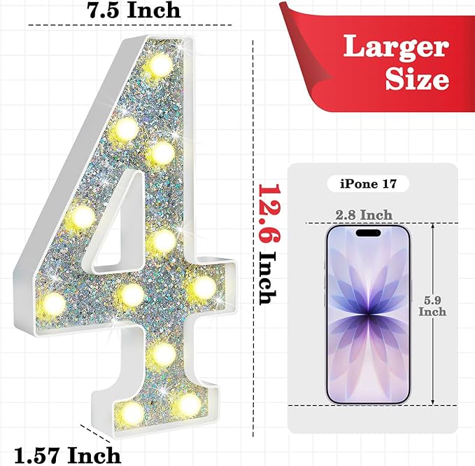 12.6 Inch LED Silver Marquee Light Up Numbers, 4th Birthday Decorations Number Lights as Gifts for Girls Boys, Glitter Lighted Marquee Numbers for Silver Anniversary Party Table Decor, 4