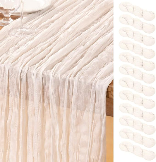 DeZerlor Ivory White Cheesecloth Table Runner 12 Pack Spring Easter Table Runners Boho Gauze 120 Inches White Cheese Cloth Table Decor for Wedding Bridal Baby Shower Parties