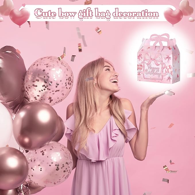 24 Pcs Pink Bow Birthday Gift Boxes with Handle, Coquette Cajas Para Dulces De Cumpleaños, Foldable Candy Treat Bags Party Favors for Girls Birthday Goodie Bags Baby Shower Bachelorette Decorations