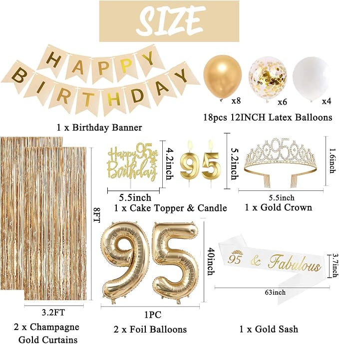 Trgowaul 95th Birthday Decorations for Women, Banner, Sash and Crown, Cake Topper, 95 Number Balloon, Fringe Curtains, Champagne Gold 95th Birthday Party Supplies