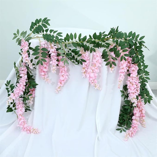 1pc/2pcs Encrypted Flower Vine Wisteria Artificial Flowers Garland,White Wisteria Hanging Flowers Flower Garland Decorations for Home Garden Outdoor Ceremony Wedding Arch Decoration (Pink, 1pc)