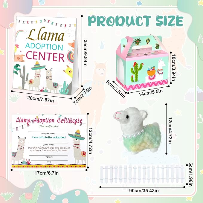 38 Pcs Adopt a Pet Llama Party Favor Set Include 12 Plush Llama 12 Foldable Party Boxes 12 Adoption Certificates 1 Signboard 1 Fence for Adopt a Llama Birthday Party Decorations