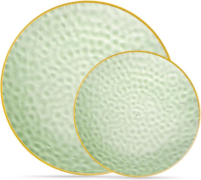 PLASTICPRO 64 Piece Combo Plates Set includes 32-7'' inch Plate & 32-10'' inch Plates Green Hammered Plastic PartyPlates Premium heavyweight Elegant, Disposable, Tableware, Dishes,