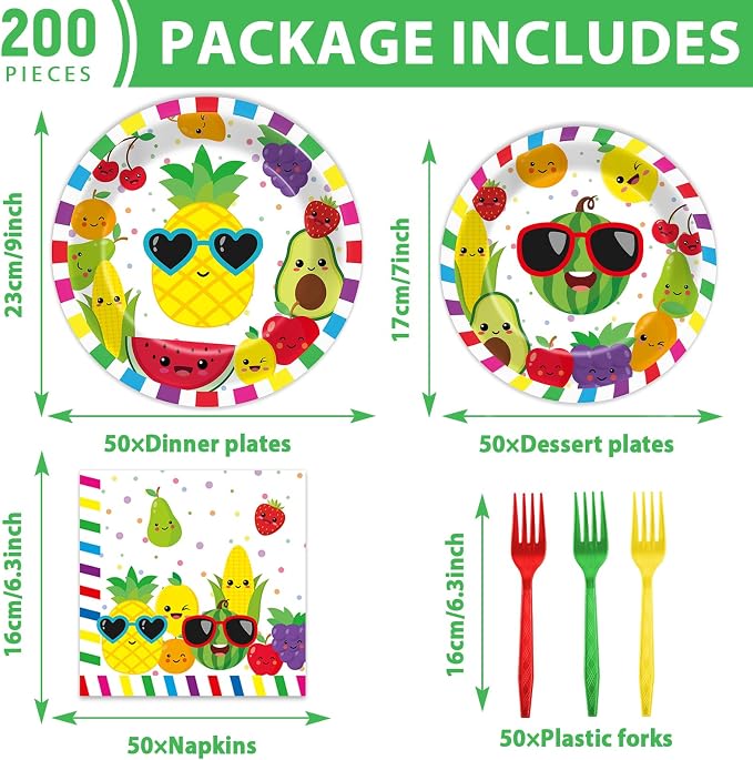 50 Guests Tutti Frutti Party Supplies Fruit Theme Birthday Plates and Napkins Forks Summer Fruit Tableware Watermelon Pineapple Paper Plates for Birthday Baby Shower Party 200PCS