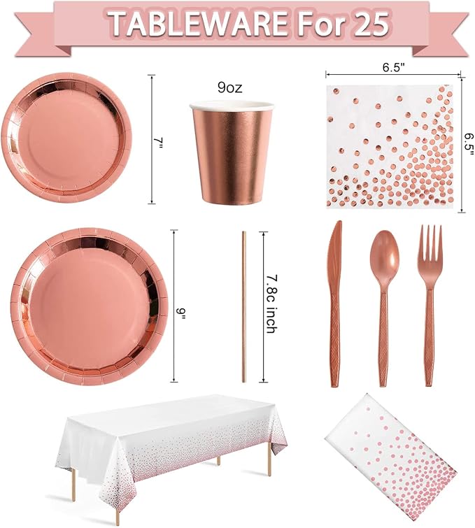 Guudmua 285 Pcs Rose Gold Party Decorations, Birthday Decorations For Women Or Girl - Knives, Forks and Spoons, Tiara, Butterfly, Sash, Paper Pom Poms, Balloon Stand, Tableware For 25 Guests