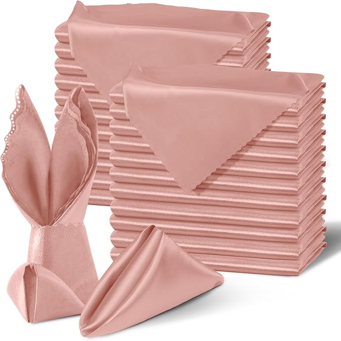 Homiest Rose Gold Satin Napkins - 100 Pack, 17x17 Inches, Scalloped Square, Elegant Wedding & Party Napkins