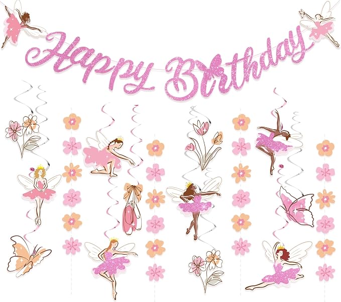 SUNBEAUTY Ballerina Birthday Party Decorations Pink Ballet Girls Happy Birthday Banners Ballet Themed Hanging Banner Flower Garland Wall Ceiling Decor for Girls Tutu Dance Party Supplies
