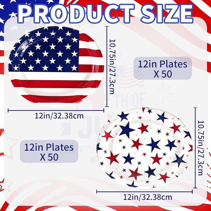 Patriotic Party Decoration Plates Set, 100Pcs 4th of July American Flag Red White Blue Disposable Paper Plates and Napkins Heavy Duty for Independence Day, Veterans Day, Election Day Party Supplies