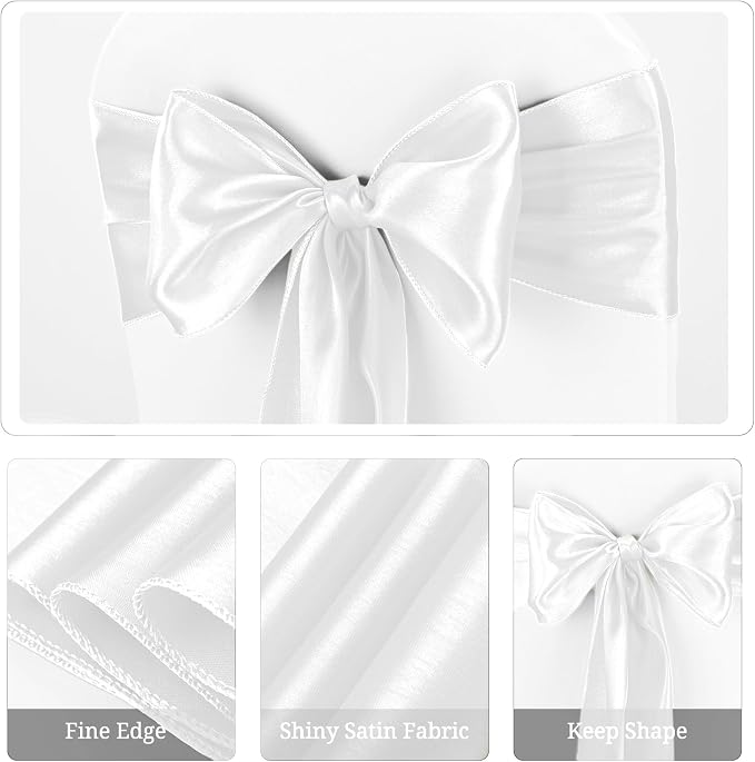 Pesonlook 60 PCS White Satin Chair Sashes Bows Satin Chair Sashes Universal Chair Cover for Wedding Reception Restaurant Event Decoration Banquet,Party,Hotel Event Decorations (7 x 108 inch)