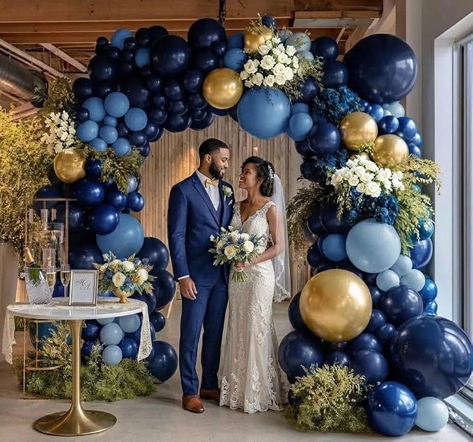 Navy Blue Gold Balloon Arch Kit, Double Stuffed Royal Pastel Blue Balloon Garland Different Sizes Metallic Gold Balloons for Birthday Baby Shower Graduation Wedding Anniversary Fathers Day Decor