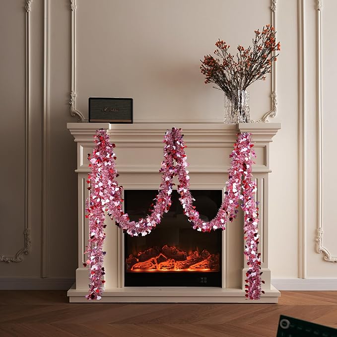 Valentines Garland Decor,50Ft Glitter Tinsel Heart Garland Decorations for Tree Mantle Bedroom Office Classroom Party Indoor Outdoor Holiday Home Pink Red White