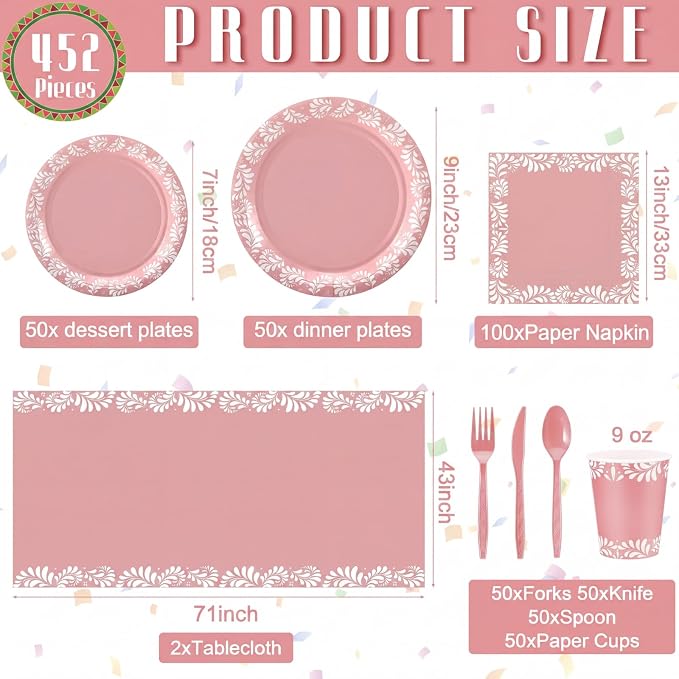 Vesici 452 Pcs Pink Cielito Lindo Party Decoration Platos De Barro Mexicanos Fiesta Paper Plates Mexican Napkins Tablecloth Talavera Tableware Set Cinco De Mayo Baby Shower Wedding Supplies, Serve 50