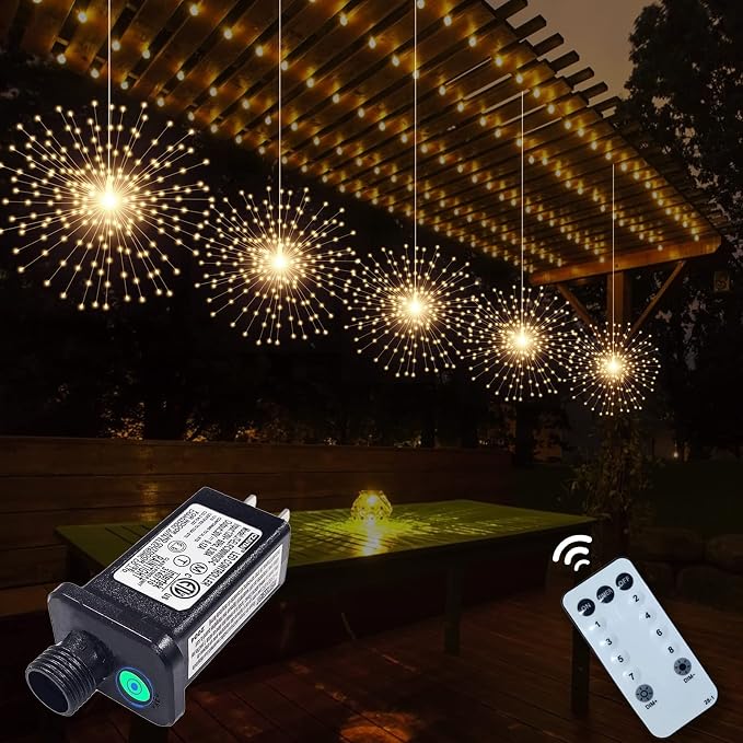 PXBNIUYA 5 Pack 1000LED Plug in Starburst Sphere Lights,Firework Light 8 Modes Dimmable Remote Control Waterproof Hanging Copper Wire Fairy Light for Patio Party Tent Christmas (Warm White)