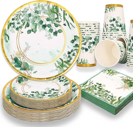 Sage Green Party Decorations, Sage Green Plates and Napkins, Baby Shower Plates and Cups and Napkins Sets 200 Pcs, Eucalyptus Bridal Shower Wedding Baptism Birthday, Serves 50