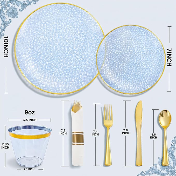 175PCS Blue Plastic Plates for 25 Guests, Disposable Plates for Party, Heavy Duty Disposable Plate Set Include: 25 Dinner Plates, 25 Dessert Plates, 25 Cups and Cutlery for Wedding & Party