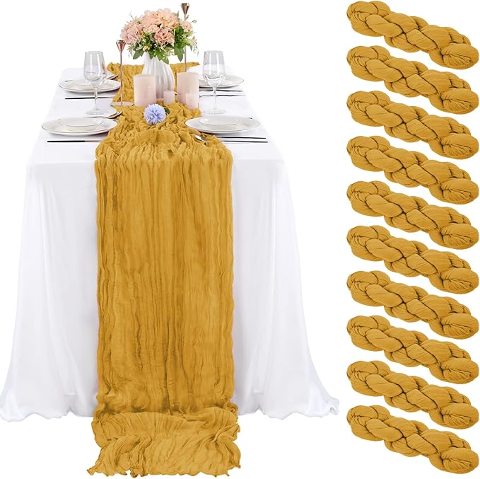 10 Pcs Mustard Cheesecloth Table Runner 10FT, Gauze Table Runner for Wedding Reception Sheer Bridal Shower Birthday Party Boho Table Decoration, Rustic Romantic Wedding Runner