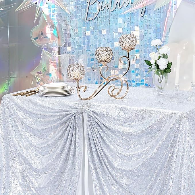 B-COOL Silver Sequin Tablecloth Fabric Parties: Laser Glitter Birthday Table Cloth Sparkly Iridescent Shimmer Rectangle 90x156 Inches Cloths Decorations for Party Supplies Event Wedding Decor