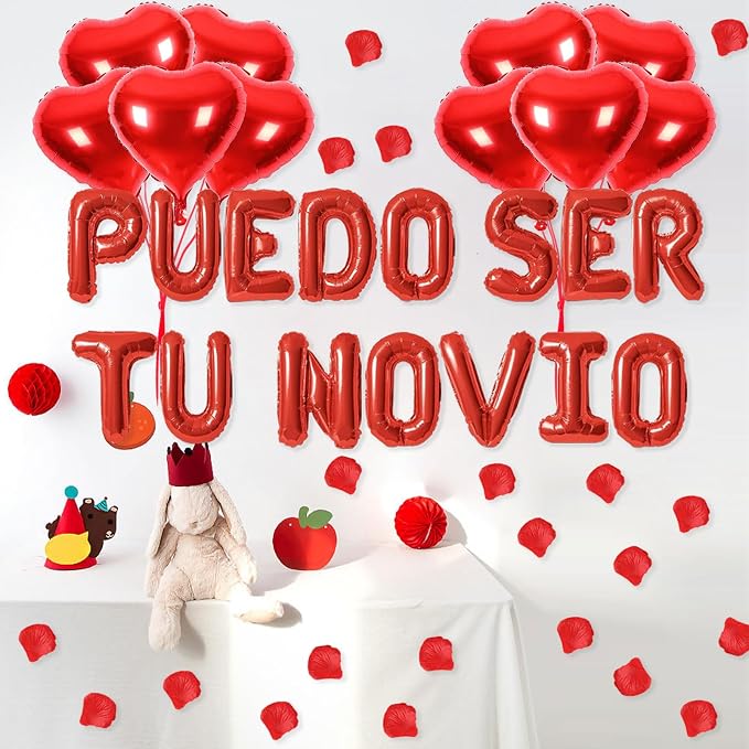 2 Set Red PUEDO SER TU NOVIO Balloons - 1200pcs Red Artificial Rose Petals 30pcs 16" Letter Balloon 10pcs 18" Heart Balloons Alphabet Foil Mylar Balloon for Valentines Day Decorations