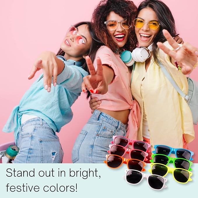 Neon Bachelorette Fanny Packs | 28 pc Set of 7 Bachelorette Party Favors & Accessories - 1 'Wife of the Party' & 6 'Party' Neon Fanny Packs with Sunglasses & Visors | 80s Retro Bachelorette Party Kit