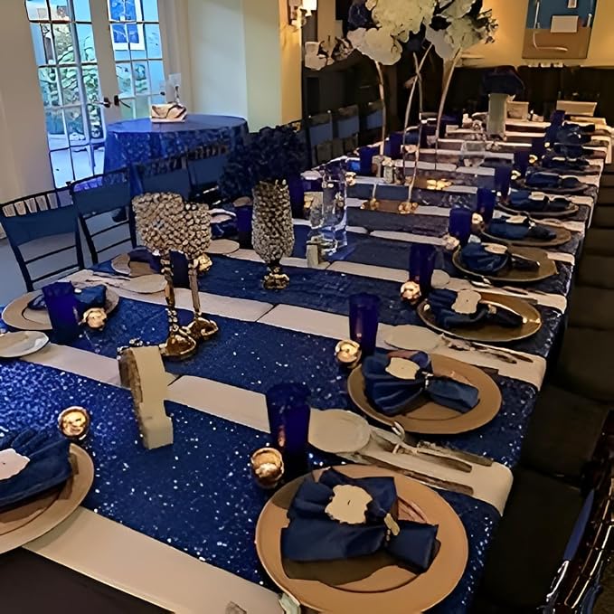 6 Pack Navy Blue Sequin Table Runner 12 x 108 Inch - High Density Sparkly Glitter Table Runners for Wedding, Graduation Party, Baby Shower, Shimmering Navy Blue Decor