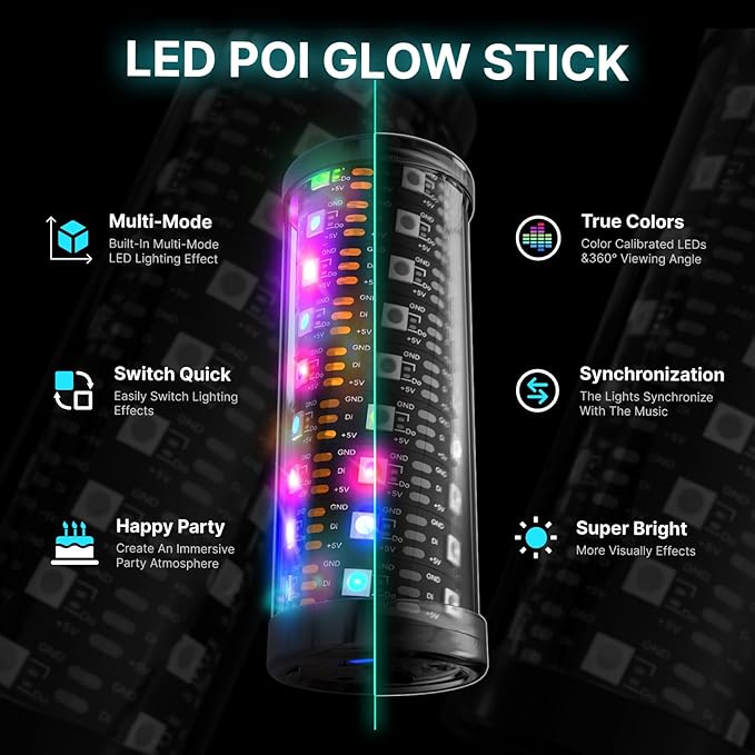 LED Poi Stick, 241 Light Modes USB Rechargeable Magic Glow Stick with Customizable Colors, Profound Visual Effect for Flow Arts Rave Festival Performance
