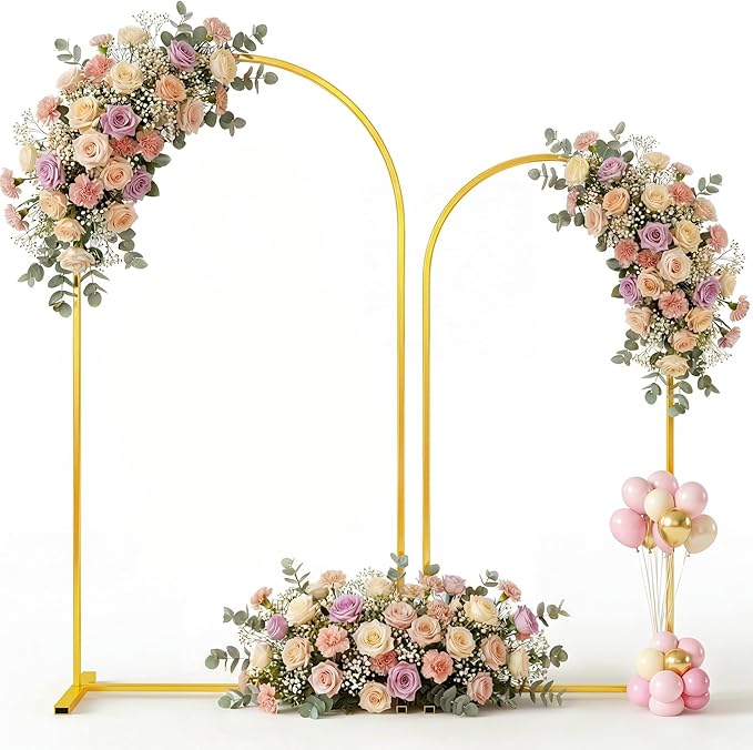 Toolterritary Metal Arch Backdrop Stand Set of 2, 8FT+ 7.2FT Balloon Arch Stand, Gold Wedding Arch Frame with Stable Base, Arch Backdrop for Party Birthday Baby Shower Graduation Decor