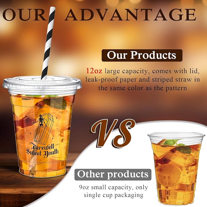 FoldTier 50 Pcs Death to My 20s Party Cups, Disposable Plastic Cups with Straws and Lids Clear mug Birthday Party Supplies for Kids Birthday Table Decorations